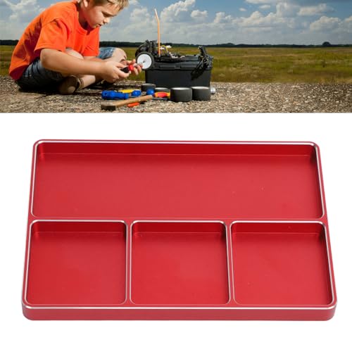POCREATION RC Screw Tray Aluminum Alloy Magnetic Parts Organizer with 4 Grids 128 X 90 X 9.5 Mm for RC Car Plane Helicopter Boat Repair Workbench Use (Red) - color: Red