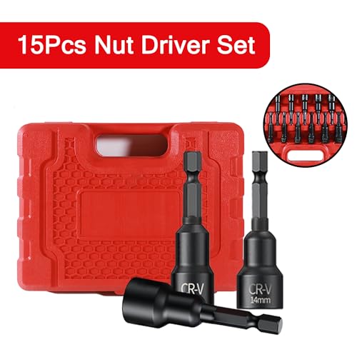 15PCS Magnetic Nut Driver Set,Impact Power Hex Nut Driver Drill Bit Master Kit, SAE & Metric, 1/4-Inch Quick-Change|Cr-V Steel - size: 15PCS 2.5 Inch Magnetic Nut Driver Set
