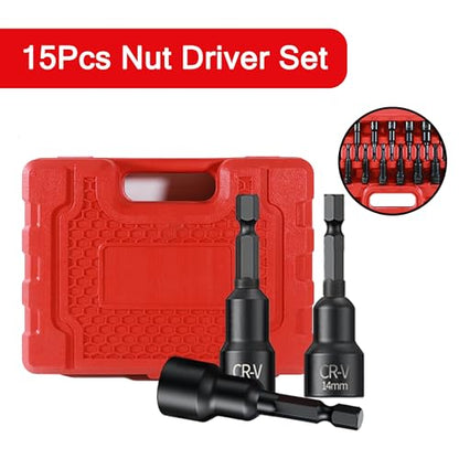 15PCS Magnetic Nut Driver Set,Impact Power Hex Nut Driver Drill Bit Master Kit, SAE & Metric, 1/4-Inch Quick-Change|Cr-V Steel - size: 15PCS 2.5 Inch Magnetic Nut Driver Set