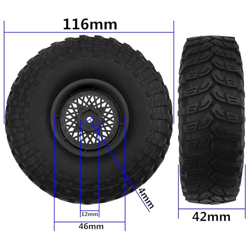 RC 1.9" RC Tires and Wheel Nylon Rims 12mm Hex Hub OD 116mm/4.56" Rubber Tyre Compatible with 1/10 Axial SCX10 RC4WD D90 Tamiya CC01 TF2 Traxxas TRX4 RC Rock Crawler (Black) - color: Black