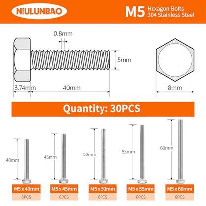 M5 x 40mm 45mm 50mm 55mm 60mm Heavy Duty Hexagon Bolts Hex Head Screws, 304 Stainless Steel, Metric Fully Thread, Machine, Bright Finish, Assortment Kit 30PCS - size: M5 x 40/45/50/55/60mm (30PCS)