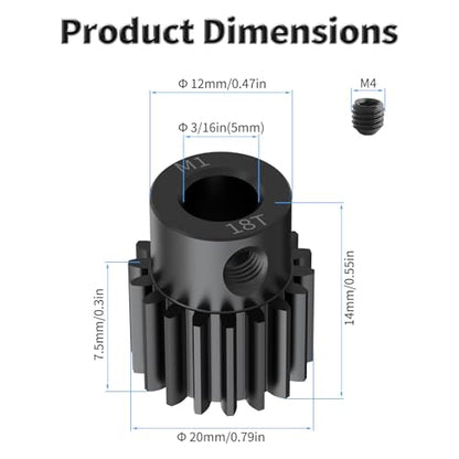 Pinion Motor Gear, M1 18T, 3/16 in (5mm) Shaft Hole | M1 Pitch 18 Teeth, 1045 Hardened Carbon Steel, 3/16 Inch Shaft Hole, RC Motor Pinion Upgrade, for 1/10 RC Brushless Crawler - size: M1 18T