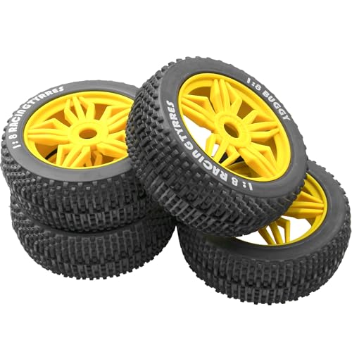 ShareGoo OD 4.52" 1/8 RC Buggy Rubber Tires Tyre w/ 5 Spoke Plastic Rim 17mm Hex Compatible with Arrma Kyosho Exceed RC Traxxas Redcat HSP HPI 1/8 Scale Off Road Car Buggy (Yellow) - color: Yellow
