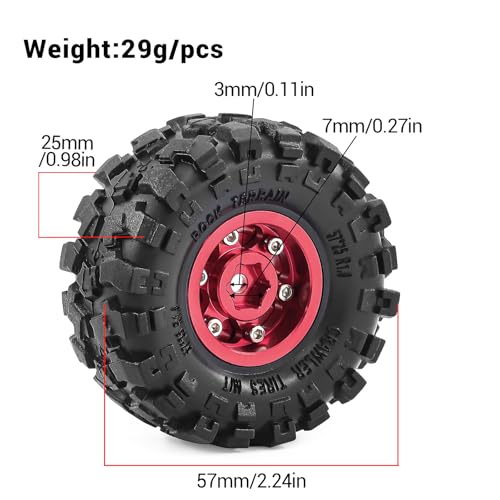 1.0" Beadlock Aluminum Wheels and 57mm Soft Rubber Tires | for SCX24, TRX4M, Ascent 18, FCX24, 1/18 1/24 RC Crawler, 7mm Hex, 0mm Offset, with Foam Inserts, (Red 101) - color: Red 101