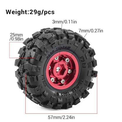 1.0" Beadlock Aluminum Wheels and 57mm Soft Rubber Tires | for SCX24, TRX4M, Ascent 18, FCX24, 1/18 1/24 RC Crawler, 7mm Hex, 0mm Offset, with Foam Inserts, (Red 101) - color: Red 101