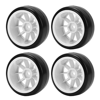 4 Pcs RC Drift Tires with 12mm Hex Wheels, Hard Rubber Plastic Drift Tyres for Tamiya TT01 1/10 RC Car, Smooth Drifting Surface and Uneven Tread for Stable Grip on Hardwood Tile Co