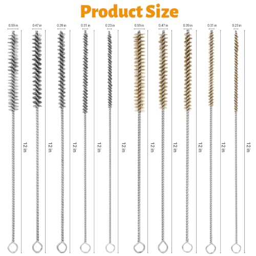 Tube Cleaning Brush,Brass Stainless Steel Engine Cleaning Brushes,12 inch Long Round Wire Pipe Cleaner for Deep Pipes (Yellow and Silver, 10 Pcs-5 Size) - color: Yellow and Silver, size: 10 Pcs-5 Size