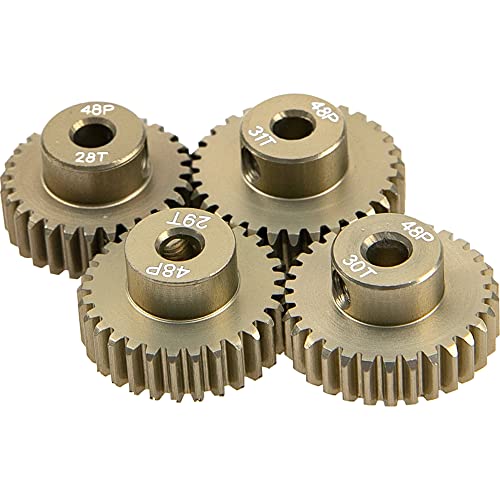 ShareGoo 7075 Aluminum Alloy 48P 3.175mm Pinion Gear Sets 28T 29T 30T 31T Motor Gears Fit 3.175mm (1/8-Inch) Shaft Compatible with HPI Losi Axial Traxxas Tamiya 1/10 RC Car,4Pack