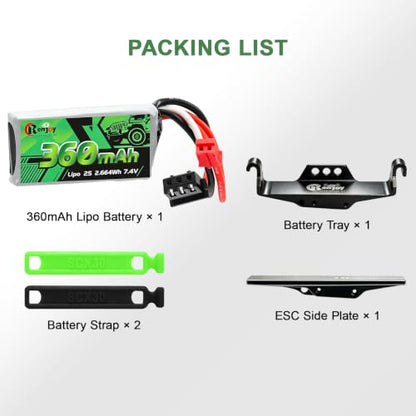 7.4V Lipo Battery 2S 360mAh PH2.0 Plug Rechargeable Lithium Battery with RC Battery Side Plate and ESC Receiver Side Tray for RC Axial SCX30 Upgrade Crawler Car Trucks - color: 1pcs 360mAh, w/ battery & ESC trays