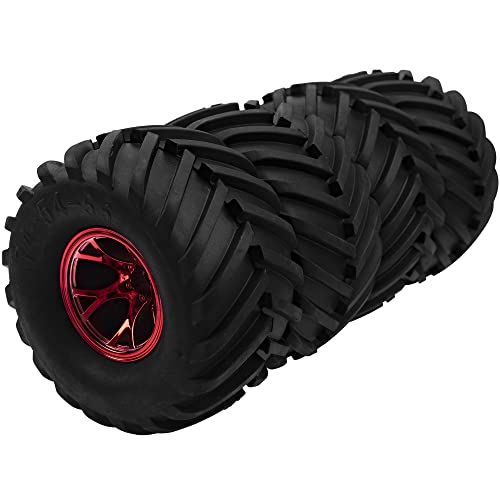 5.31''OD Rubber Tires & Wheel Rim 12mm Hex Hub Compatible with Traxxas Rustler HPI HSP Volcano Tamiya Exceed Himoto 1/10 Off-Road Monster Truck,135mmx73mm (Red) - color: Red