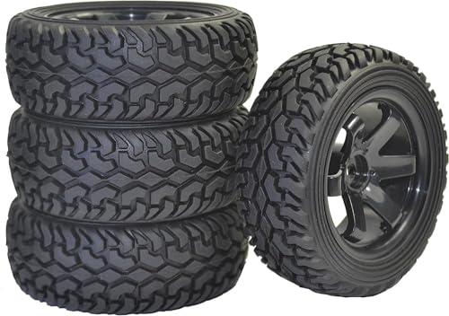 4PCS 75mm Rubber Tires and 6Spokes Plastic Wheel Rims Tyre for 1/10 RC On-Road Drift Racing Car 1:14 1:16 Rally Car for Tamiya Kyosho HPI HSP TT02 Upgrades Parts (Black) - color: Black