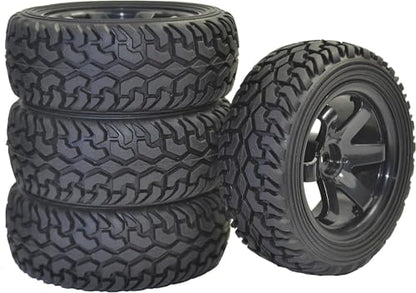 4PCS 75mm Rubber Tires and 6Spokes Plastic Wheel Rims Tyre for 1/10 RC On-Road Drift Racing Car 1:14 1:16 Rally Car for Tamiya Kyosho HPI HSP TT02 Upgrades Parts (Black) - color: Black