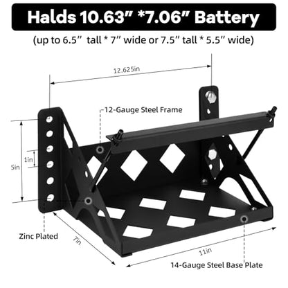 Metal Steel Battery Mounting Trays Bracket, Bolt-in Battery Tray | Tray Fits Up to 10.63"×7.06"×7.5" Battery, for Car RV Trailer Boat Truck Marine, Waterproof,Anti-Corrosion, No Rusting