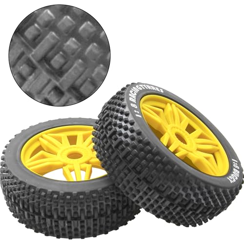 ShareGoo OD 4.52" 1/8 RC Buggy Rubber Tires Tyre w/ 5 Spoke Plastic Rim 17mm Hex Compatible with Arrma Kyosho Exceed RC Traxxas Redcat HSP HPI 1/8 Scale Off Road Car Buggy (Yellow) - color: Yellow