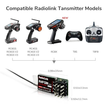 Radiolink R4FGM 4CH 400m RC Gyro Receiver for Radiolink Transmitter | 2.4GHz, for Mini RC Cars, Long Range Control, for RC Remote Controller Radiolink RC8X/RC6GS V3/RC4GS V3/T8FB/T12D/T16D