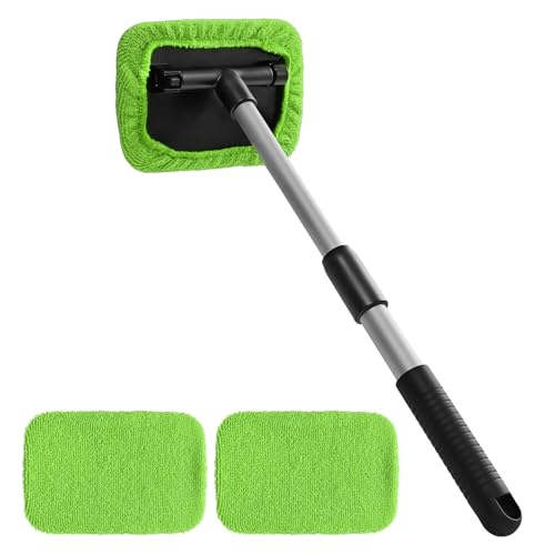 Windshield Cleaning Tool, Car Cleaning Window Tool, Car Window Cleaner with Unbreakable Extendable Handle and Microfiber Cloth, Scratch-Free Car Cleaning Brush for Auto Glass Wiper (Green) - color: Green