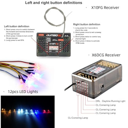 RC Radio Transmitter and Receiver 10 Channel DDF-350 with X10FG X6DCG Receiver 1 Lights HD Screen 10CH Remote Controller for RC Car Truck Crawler Boat Tank (2 Receiver 1 Lights), Black