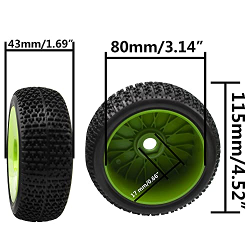 ShareGoo OD 4.52" 1/8 RC Buggy Rubber Tires Tyre w/Plastic Rim 17mm Hex Compatible with Arrma Kyosho Exceed RC Traxxas Redcat HSP HPI 1/8 Scale Off Road Car Buggy (Green) - color: Green