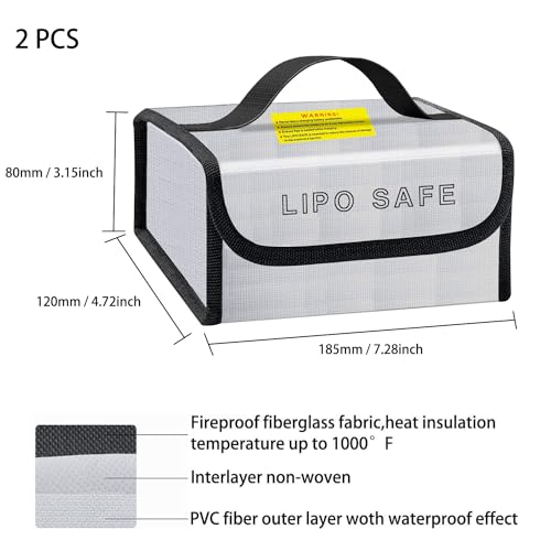 2PCS 185 * 120 * 80mm Lipo Battery Safe Bag Fireproof Charging Bag for RC Lipo Battery Pack Storage Charging Transport, Home Office Travel Lipo Safe Storage Pouch - size: 185x120x80mm (2 pcs)