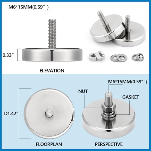 Flutesan 4 Pieces Heavy Duty Round Mounting Magnet with Bolt 1.42in-120lb-M6 Silver with Male Thread Stud Strong Magnet Super Powerful for Lighting Camera Brackets License Plate - color: Silver, size: 1.42in-90lb-M6