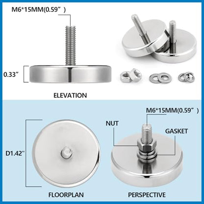 Flutesan 4 Pieces Heavy Duty Round Mounting Magnet with Bolt 1.42in-120lb-M6 Silver with Male Thread Stud Strong Magnet Super Powerful for Lighting Camera Brackets License Plate - color: Silver, size: 1.42in-90lb-M6