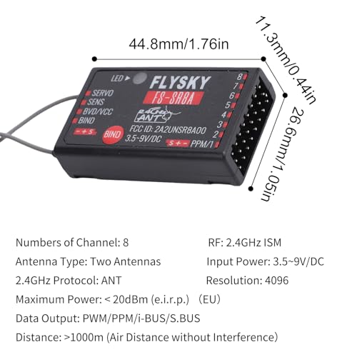 Hylukono Flysky FS-SR8A 8CH Receiver with Dual Antenna, 2.4GHz ANT Remote Control Receiver Protocol for FS-ST8 RC Transmitter Remote Control Airplanes, Helicopters, Cars, Boats, and Robotics