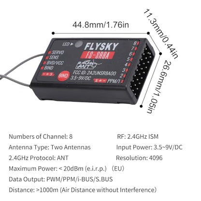 Hylukono Flysky FS-SR8A 8CH Receiver with Dual Antenna, 2.4GHz ANT Remote Control Receiver Protocol for FS-ST8 RC Transmitter Remote Control Airplanes, Helicopters, Cars, Boats, and Robotics
