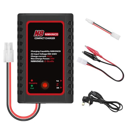 N8 NiMH NiCd Battery Charger for 2-8s Battery Packs, 1A/2A Smart RC Charger with Tamiya Connector & Alligator Clips for RC Cars, Ship Model, Drones, Airsoft