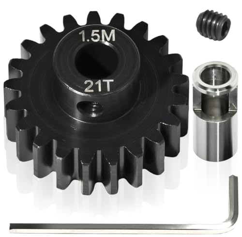 M1.5 21T Pinion Gear 8mm Bore with 8mm to 5mm Shaft Adapter Sleeve, Chromium Steel Motor Gear with Set Screw & Hex Key for Traxxas ARRMA Losi 1/5 1/8 RC Cars - size: 21T