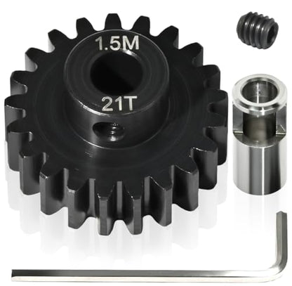 M1.5 21T Pinion Gear 8mm Bore with 8mm to 5mm Shaft Adapter Sleeve, Chromium Steel Motor Gear with Set Screw & Hex Key for Traxxas ARRMA Losi 1/5 1/8 RC Cars - size: 21T