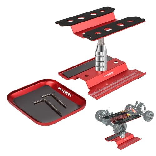 RC Car Work Stand Aluminum Repair Workstation with 360-Degree Rotation, Screw Tray, Lift & Lower for 1/10 1/12 1/16 Scale RC Crawler, Monster Truck, Buggy Compatible with RC Car Work Stand - color: Red