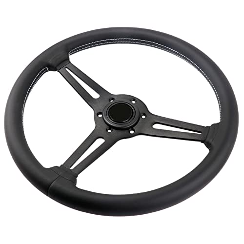 Universal Flat Drift 6 Bolts Steering Wheel Wrapped Genuine Leather Grip | 14 inch Sport Racing Steering Wheel with White Stitching Black Spokes - color: 5126H-black