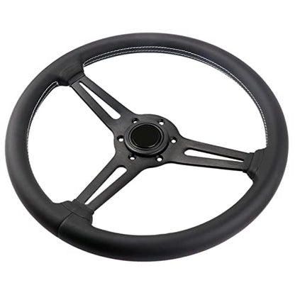 Universal Flat Drift 6 Bolts Steering Wheel Wrapped Genuine Leather Grip | 14 inch Sport Racing Steering Wheel with White Stitching Black Spokes - color: 5126H-black