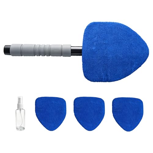 Windshield Cleaning Tool, Auto Window Cleaning Kit with 4 Reusable Microfiber Pads & Extendable Handle, Portable Windshield Cleaner Rotating Head Glass Wiper for Most Cars (Blue) - color: Blue