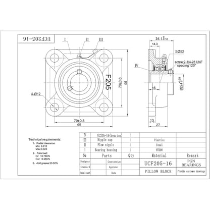 PGN UCF205-16 (2 Pack) Square Flange Bearing 1" Bore - size: 2, style: UCF205-16