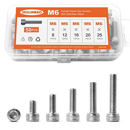 M6 x 8mm 12mm 16mm 20mm 25mm Hex Socket Head Cap Screws Bolts 304 Stainless Steel Metric Machine Allen Hex Drive, Fully Threaded, Assortment Kit 50PCS - size: M6 x 8/12/16/20/25mm (50PCS)