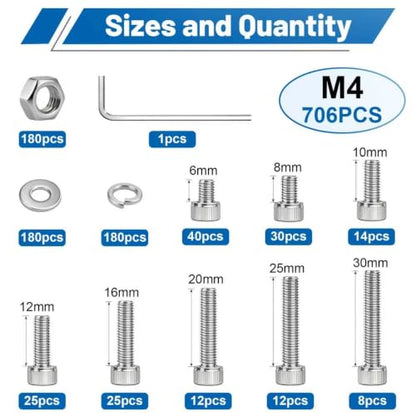 706PCS M4 Hex Socket Head Cap Screw Assortment Kit 304 Stainless Steel | Metric Machine Bolts and Nuts, Flat & Spring Washers, M4x6/8/10/12/16/20/25/30 mm for 3D Printer, RC Car, Drones, DIY Repair - size: SS M4 706PCS
