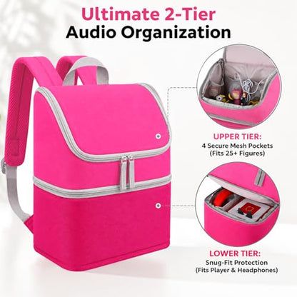 Carrying Case Backpack for Toniebox 1 & 2, 2-Layer, Holds 25+ Figures | Padded 210D lining and 8mm shock absorption fits headphones and charging dock 600D water-resistant polyester easy wipe-clean - color: Rosy/Pink