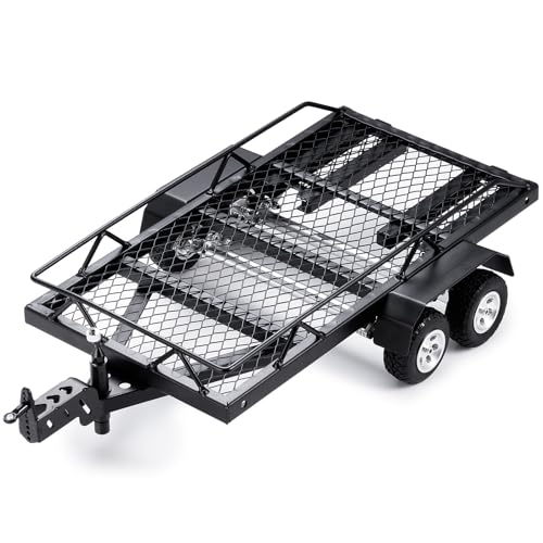 RC Trailer for Hauling Behind Car with Hook for 1/24 SCX24 FCX24 | Metal Flatbed Hitch Mount Trailer RC Crawler Car Heavy Duty Truck Trailer Upgrades