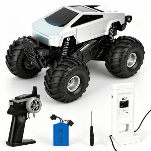 1:18 Amphibious 4WD Cyber RC Monster Truck, 2.4GHz Waterproof Stunt Car w/Charging Dock Gift for Boys 4+ - color: Silvery