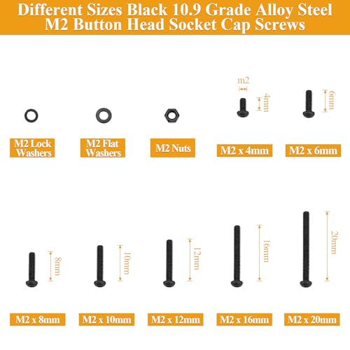 565 Pieces M2 Screws Nuts Washers Set Black, Sutemribor M2 x 4/6/8/10/12/16/20mm Button Head Socket Cap Screws Nuts Washers Assortment Kit, 10.9 Grade Alloy Steel, Fully Threaded - size: M2, style: Button Head Socket Cap