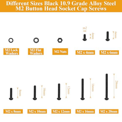 565 Pieces M2 Screws Nuts Washers Set Black, Sutemribor M2 x 4/6/8/10/12/16/20mm Button Head Socket Cap Screws Nuts Washers Assortment Kit, 10.9 Grade Alloy Steel, Fully Threaded - size: M2, style: Button Head Socket Cap