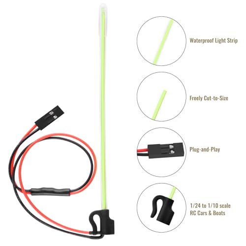 2PCS LED RC Whip Antenna Lights for RC Car/Boat, Green Light | Cuttable Flexible, Easy Plug-and-Play RC Glow Antenna, Water-Resistant - color: Green Light