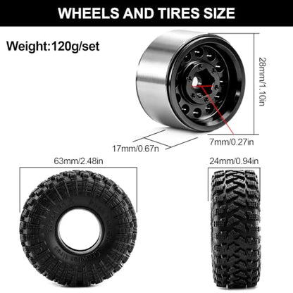 1.0" Beadlock Aluminum Wheels and 63mm Soft Rubber Tires | for SCX24, TRX4M, Ascent 18, FCX24, 1/18 1/24 RC Crawler, 7mm Hex, 0mm Offset, with Foam Inserts, (Black) - color: Black