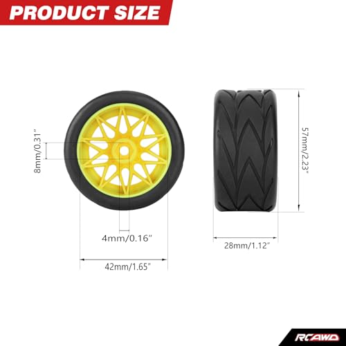 RCAWD for Losi 1/12 RC Racecar On-Road Car Pre-Glued Wheel Tire Set, Balance Grip & Durability Nylon Rubber 8mm Hex Adapter 4mm Tires Upgrades Parts All Terrain Adaptation 4pcs Yellow - color: Yellow