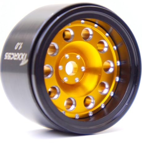 RC 1.0 Beadlock Wheels Offsets -2 Aluminum Rims for AX24 1/18 TRX4M All 1/24 Scale SCX24 Deadbolt RC Crawler Car Wheels Upgrades 4Pc (Golden & Black) - color: Golden & Black