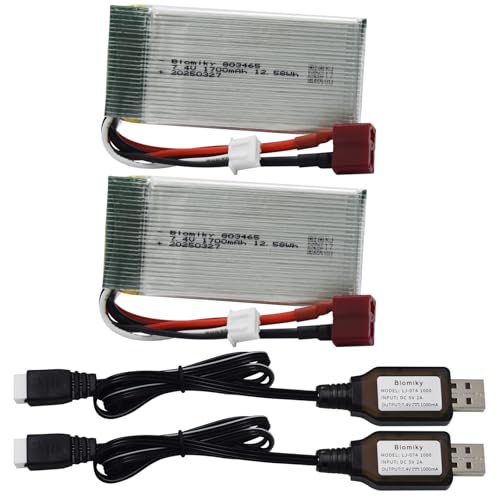 Blomiky 2 Pack 7.4V 1600mAh 12.58Wh 30C Lipo Battery with T Plug and USB Cables for 1:10 Scale 200E 9200 9200E 9205E 9206E RC Trucks