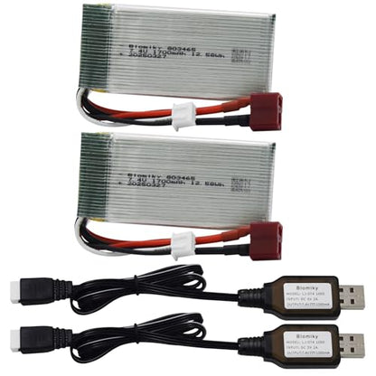 Blomiky 2 Pack 7.4V 1600mAh 12.58Wh 30C Lipo Battery with T Plug and USB Cables for 1:10 Scale 200E 9200 9200E 9205E 9206E RC Trucks