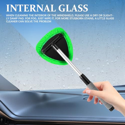 19" Extra-Long Windshield Cleaner Tool & Car Interior Detailing Kit | Extendable Handle and 4 Reusable Microfiber Pads, Streak & Lint-free, Auto Glass Wiper Brush for Car & Home - color: Green