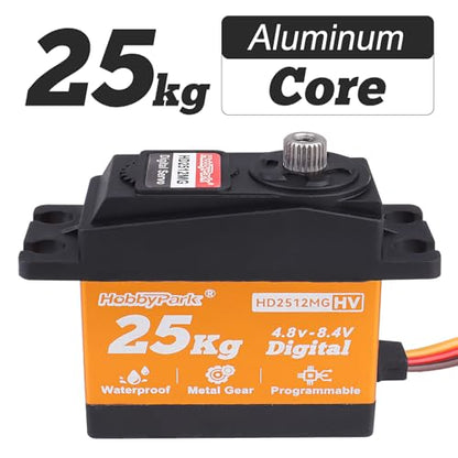 HobbyPark 25KG High Torque RC Servo Waterproof Full Metal Gears Steering Servo for 1/8, 1/10, 1/12 RC Cars Trucks Crawlers Robotic with 25T Servo Horn 180° Degree Programmable 8.4V HV (25kg Torque)